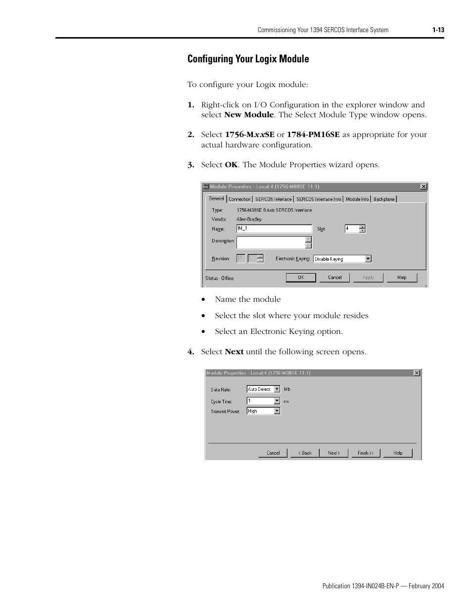 Configuring your logix module, Configuring your logix module -13 | Rockwell Automation 1394 SERCOS Interface Multi-Axis Motion Control System User Manual | Page 21 / 87