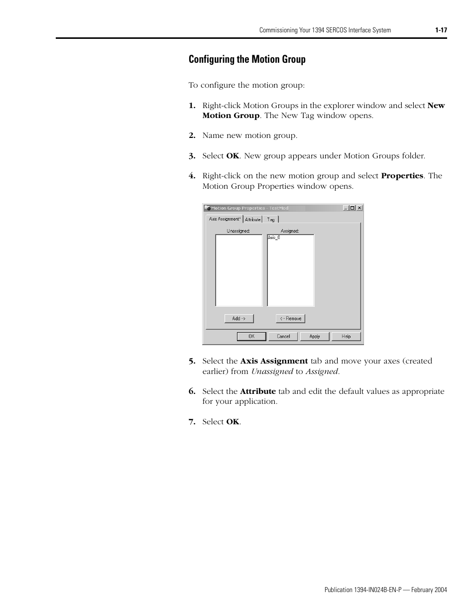 Configuring the motion group, Configuring the motion group -17 | Rockwell Automation 1394 SERCOS Interface Multi-Axis Motion Control System User Manual | Page 25 / 87