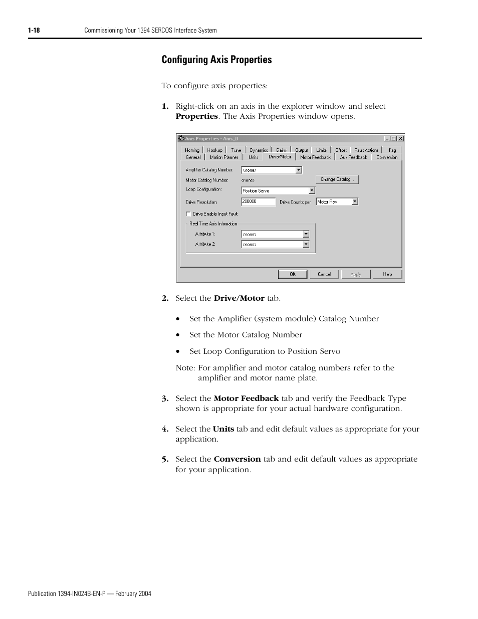 Configuring axis properties, Configuring axis properties -18 | Rockwell Automation 1394 SERCOS Interface Multi-Axis Motion Control System User Manual | Page 26 / 87