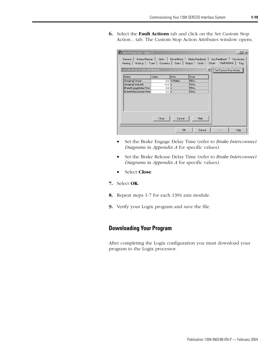 Downloading your program, Downloading your program -19 | Rockwell Automation 1394 SERCOS Interface Multi-Axis Motion Control System User Manual | Page 27 / 87