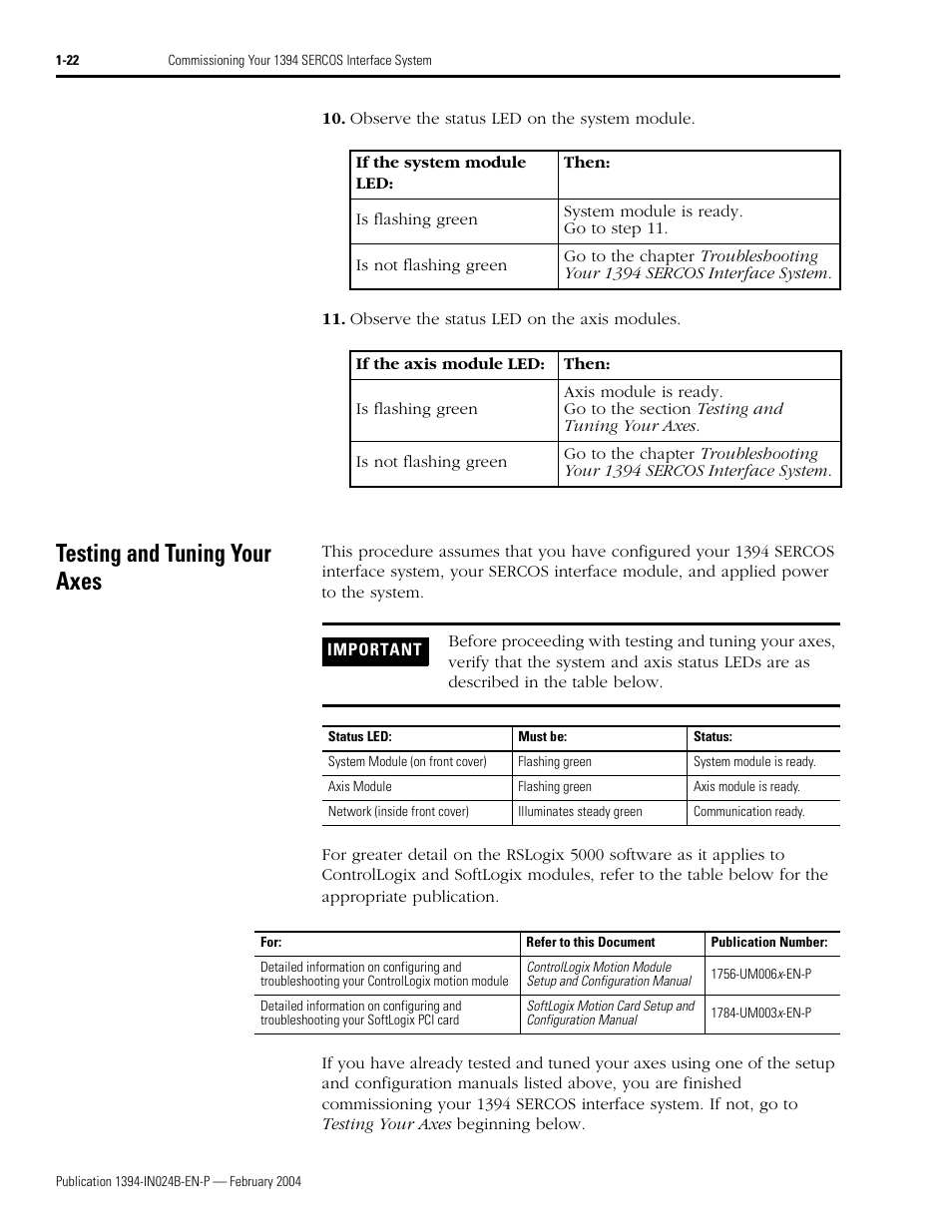 Testing and tuning your axes, Testing and tuning your axes -22, Step 10 | Rockwell Automation 1394 SERCOS Interface Multi-Axis Motion Control System User Manual | Page 30 / 87