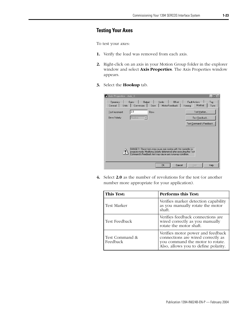 Testing your axes, Testing your axes -23 | Rockwell Automation 1394 SERCOS Interface Multi-Axis Motion Control System User Manual | Page 31 / 87