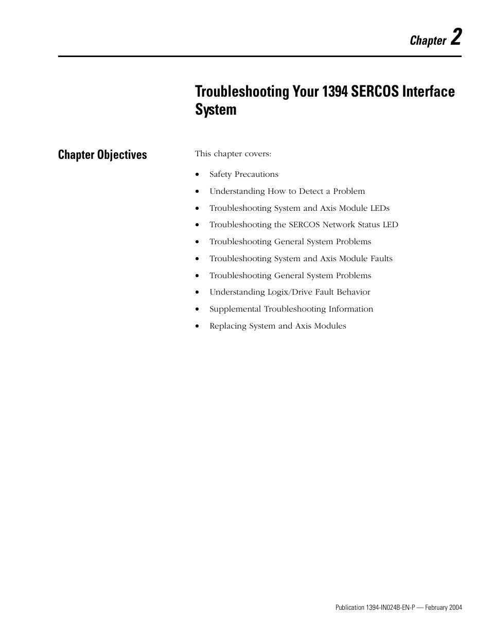 Chapter objectives, Chapter 2, Troubleshooting your 1394 sercos interface system | Chapter objectives -1, Chapter | Rockwell Automation 1394 SERCOS Interface Multi-Axis Motion Control System User Manual | Page 37 / 87