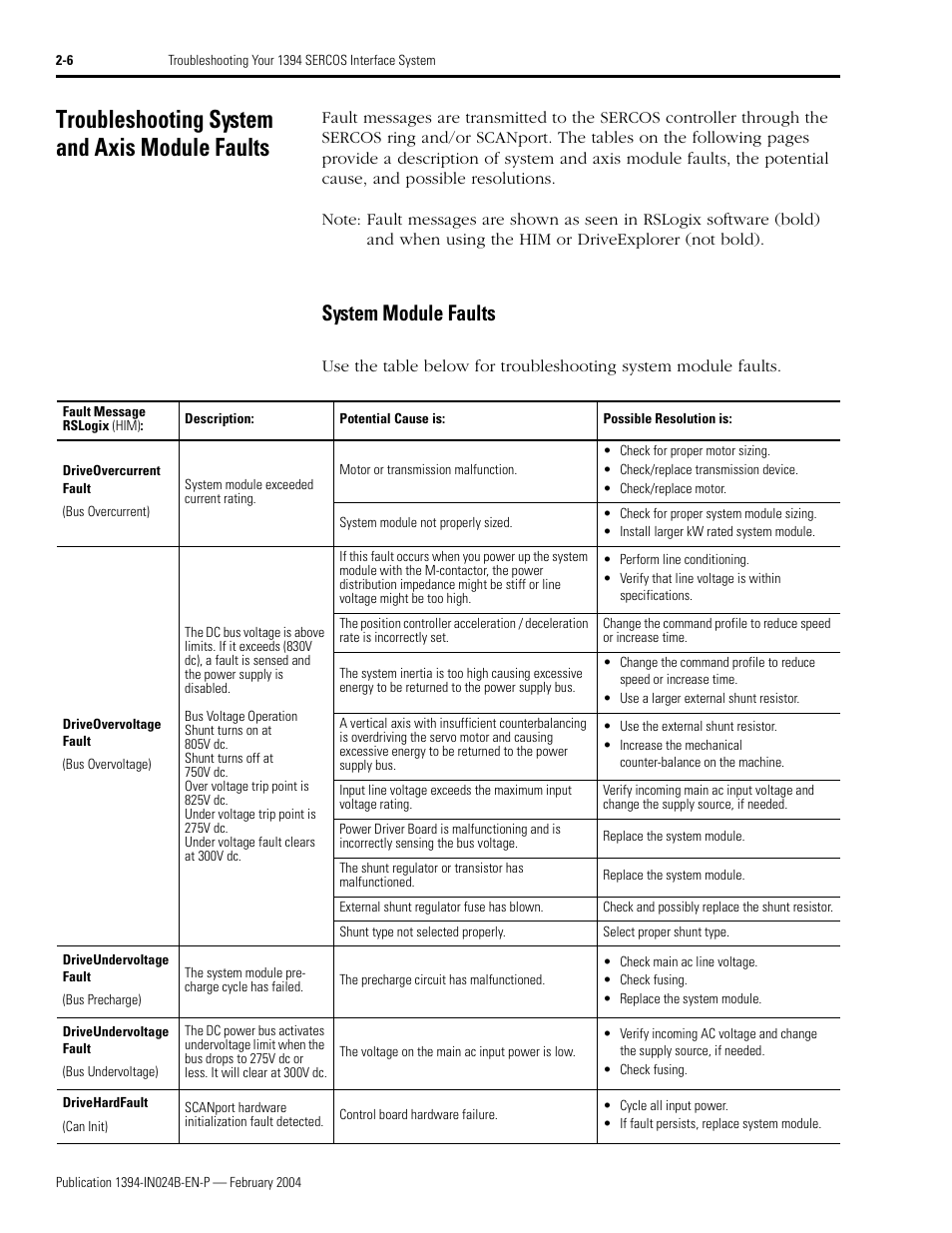 Troubleshooting system and axis module faults, System module faults, Troubleshooting system and axis module faults -6 | System module faults -6 | Rockwell Automation 1394 SERCOS Interface Multi-Axis Motion Control System User Manual | Page 42 / 87