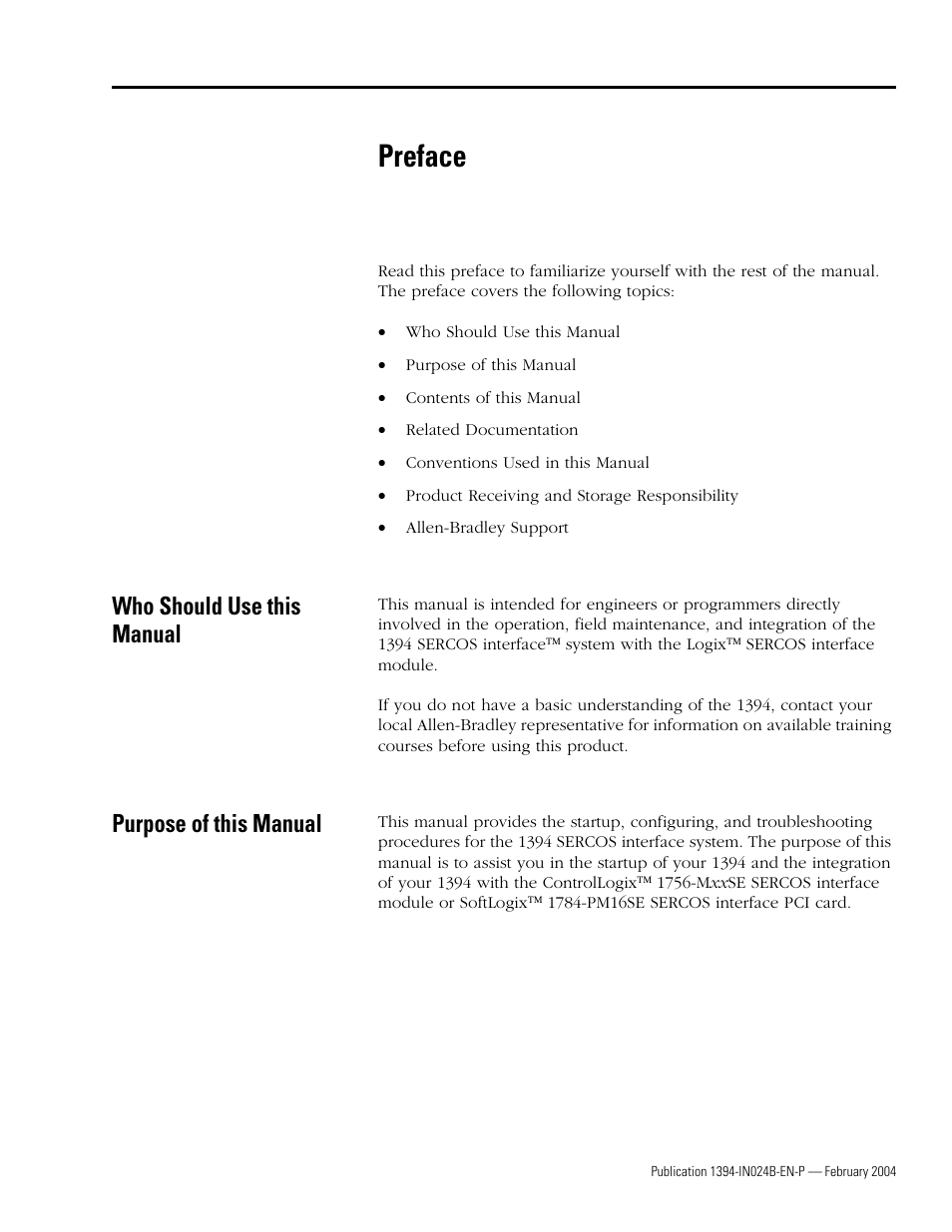 Preface, Who should use this manual, Purpose of this manual | Rockwell Automation 1394 SERCOS Interface Multi-Axis Motion Control System User Manual | Page 5 / 87