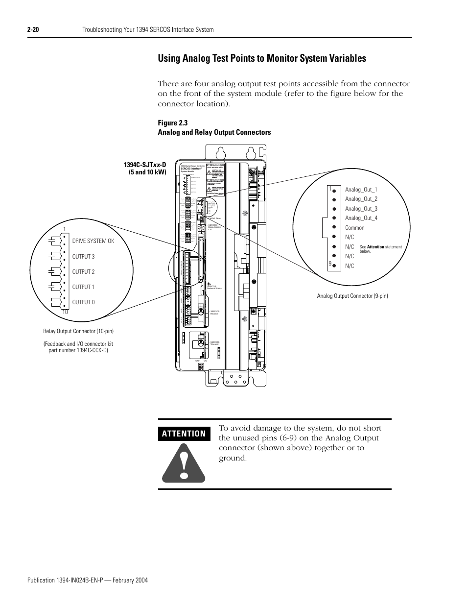 Attention, Figure 2.3 analog and relay output connectors | Rockwell Automation 1394 SERCOS Interface Multi-Axis Motion Control System User Manual | Page 56 / 87