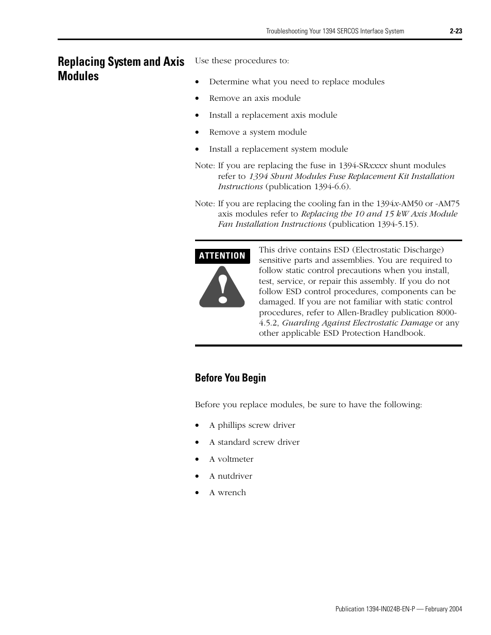 Replacing system and axis modules, Before you begin, Replacing system and axis modules -23 | Before you begin -23 | Rockwell Automation 1394 SERCOS Interface Multi-Axis Motion Control System User Manual | Page 59 / 87