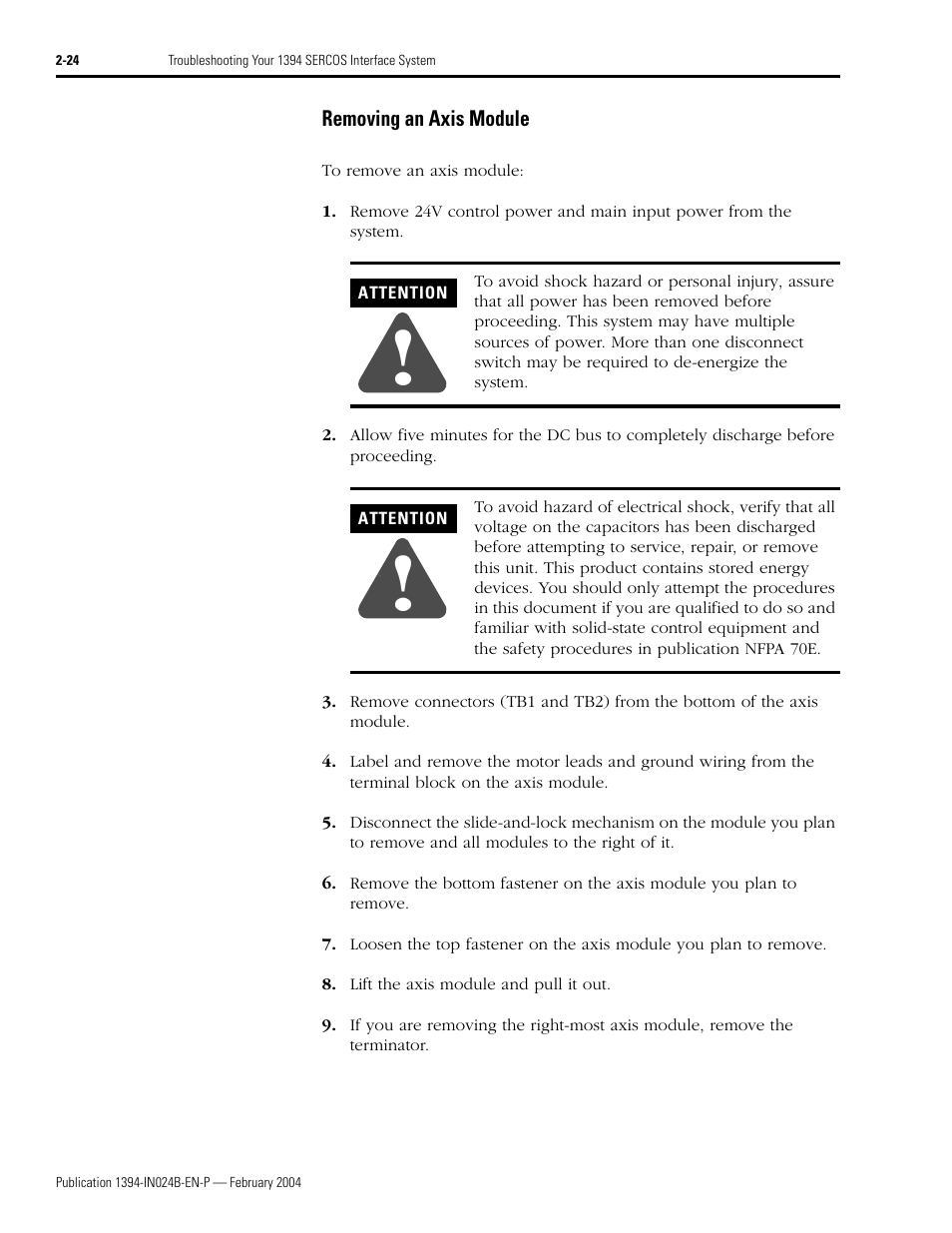 Removing an axis module, Removing an axis module -24 | Rockwell Automation 1394 SERCOS Interface Multi-Axis Motion Control System User Manual | Page 60 / 87