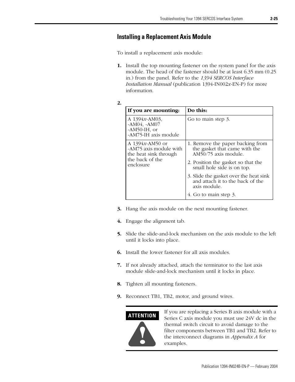 Installing a replacement axis module, Installing a replacement axis module -25 | Rockwell Automation 1394 SERCOS Interface Multi-Axis Motion Control System User Manual | Page 61 / 87