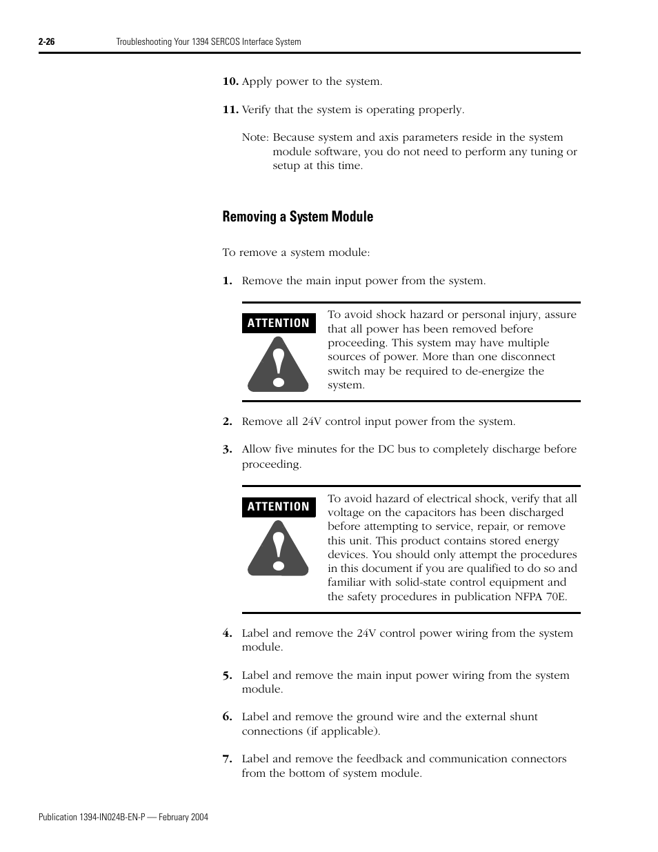 Removing a system module, Removing a system module -26 | Rockwell Automation 1394 SERCOS Interface Multi-Axis Motion Control System User Manual | Page 62 / 87