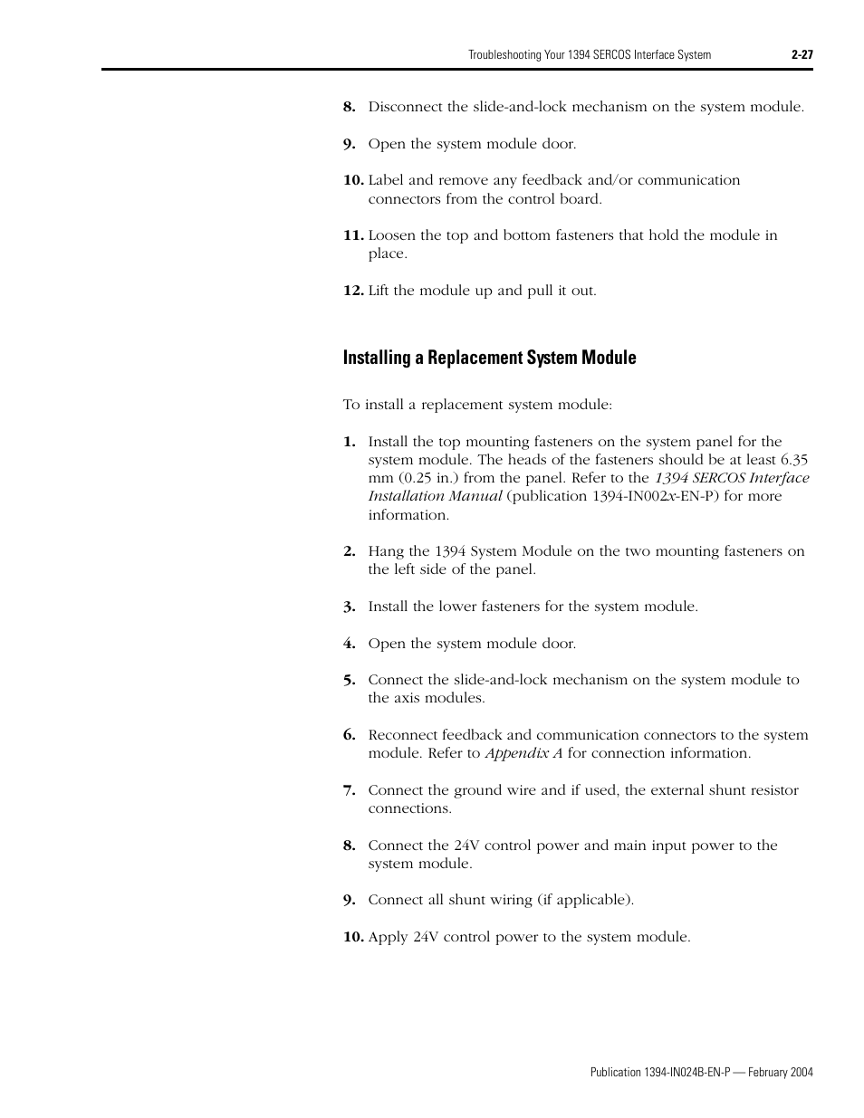Installing a replacement system module, Installing a replacement system module -27 | Rockwell Automation 1394 SERCOS Interface Multi-Axis Motion Control System User Manual | Page 63 / 87