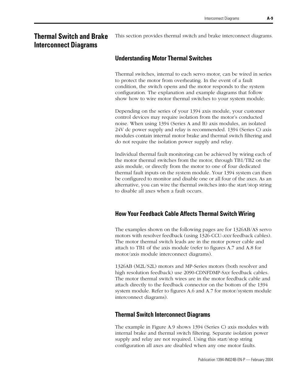 Thermal switch and brake interconnect diagrams, Understanding motor thermal switches, Thermal switch interconnect diagrams | Thermal switch interconnect, Diagrams begin, Thermal switch and brake interconnect diagrams beg | Rockwell Automation 1394 SERCOS Interface Multi-Axis Motion Control System User Manual | Page 73 / 87