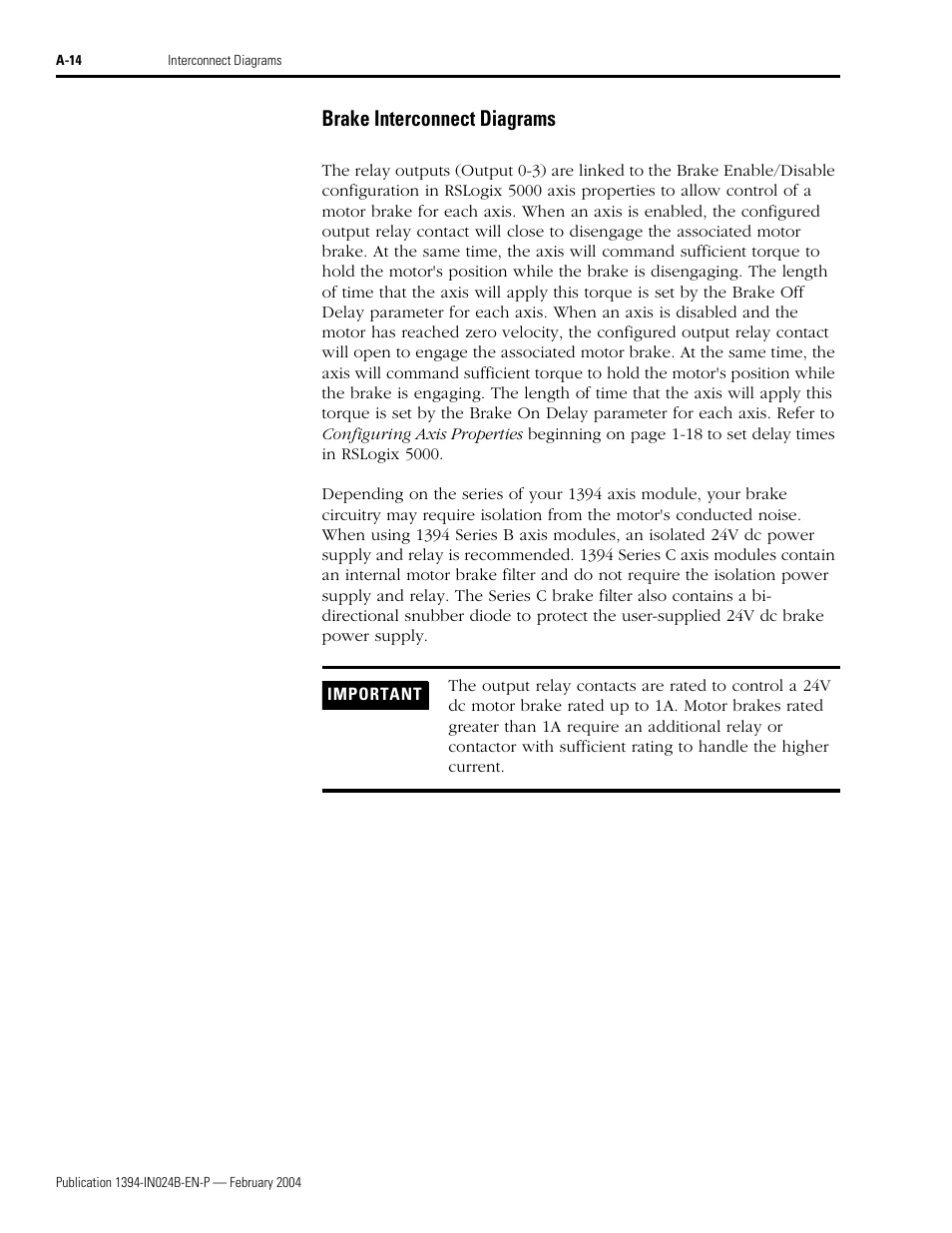 Brake interconnect diagrams | Rockwell Automation 1394 SERCOS Interface Multi-Axis Motion Control System User Manual | Page 78 / 87