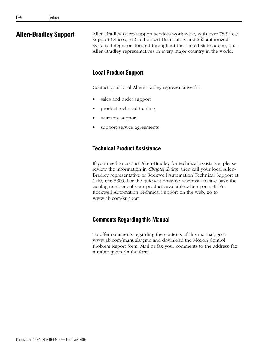Allen-bradley support, Local product support, Technical product assistance | Comments regarding this manual | Rockwell Automation 1394 SERCOS Interface Multi-Axis Motion Control System User Manual | Page 8 / 87