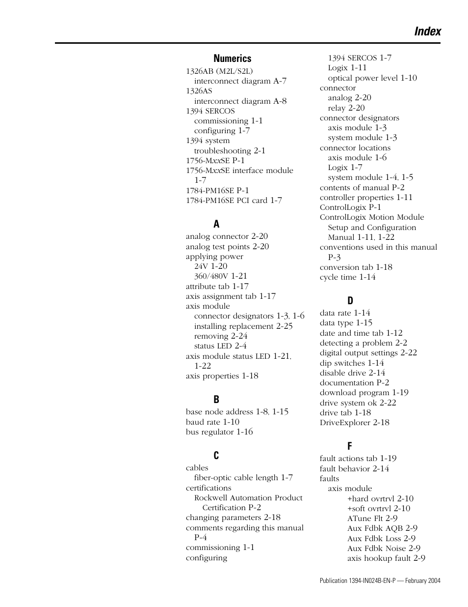 Index | Rockwell Automation 1394 SERCOS Interface Multi-Axis Motion Control System User Manual | Page 83 / 87