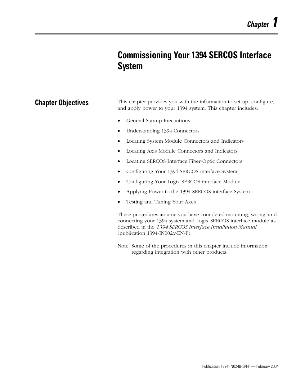 Chapter 1 - commissioning your 1394 sercos system, Chapter objectives, Chapter 1 | Commissioning your 1394 sercos interface system, Chapter objectives -1, Chapter | Rockwell Automation 1394 SERCOS Interface Multi-Axis Motion Control System User Manual | Page 9 / 87
