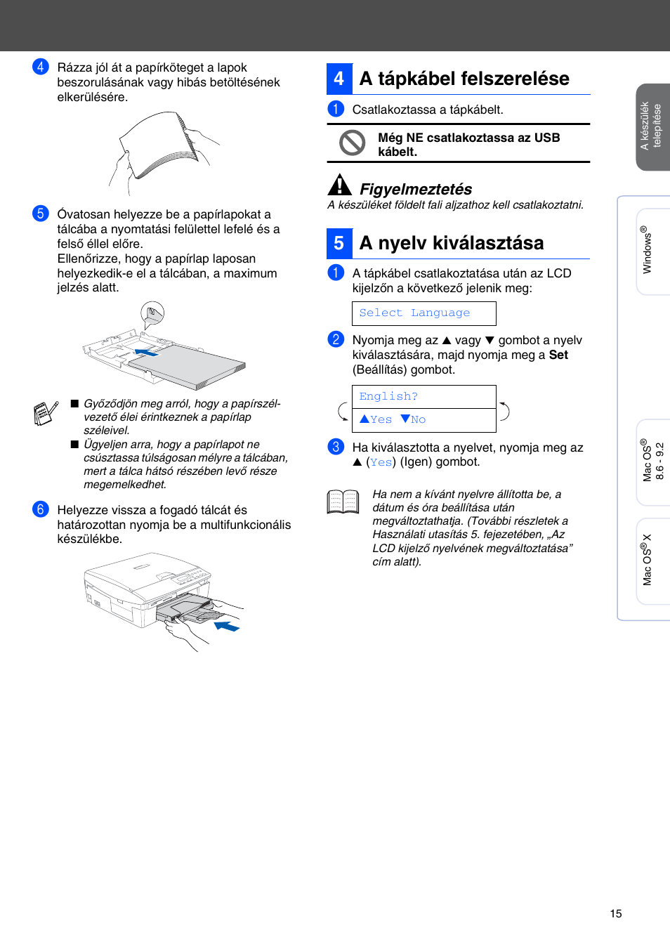 4 a tápkábel felszerelése, 5 a nyelv kiválasztása, 4a tápkábel felszerelése 5 a nyelv kiválasztása | Figyelmeztetés | Brother CESTINA DCP-110C User Manual | Page 17 / 40