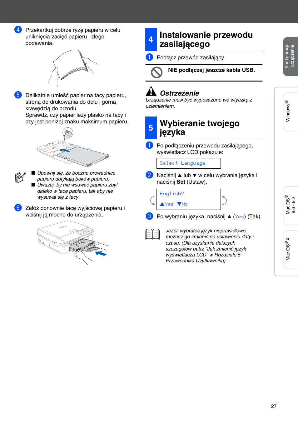 4 instalowanie przewodu zasilającego, 5 wybieranie twojego języka, Ostrzeżenie | Brother CESTINA DCP-110C User Manual | Page 29 / 40