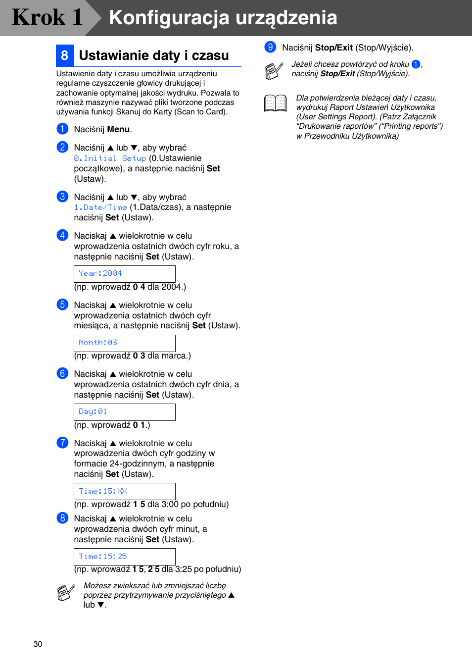 8 ustawianie daty i czasu, Krok 1, Konfiguracja urządzenia | 8ustawianie daty i czasu | Brother CESTINA DCP-110C User Manual | Page 32 / 40