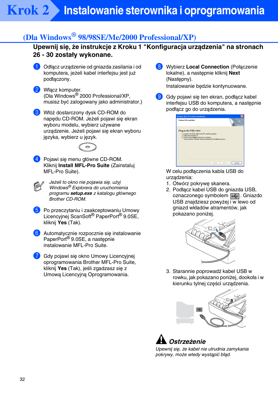 Dla windows® 98/98se/me/2000 professional/xp), Krok 2, Instalowanie sterownika i oprogramowania | Dla windows | Brother CESTINA DCP-110C User Manual | Page 34 / 40