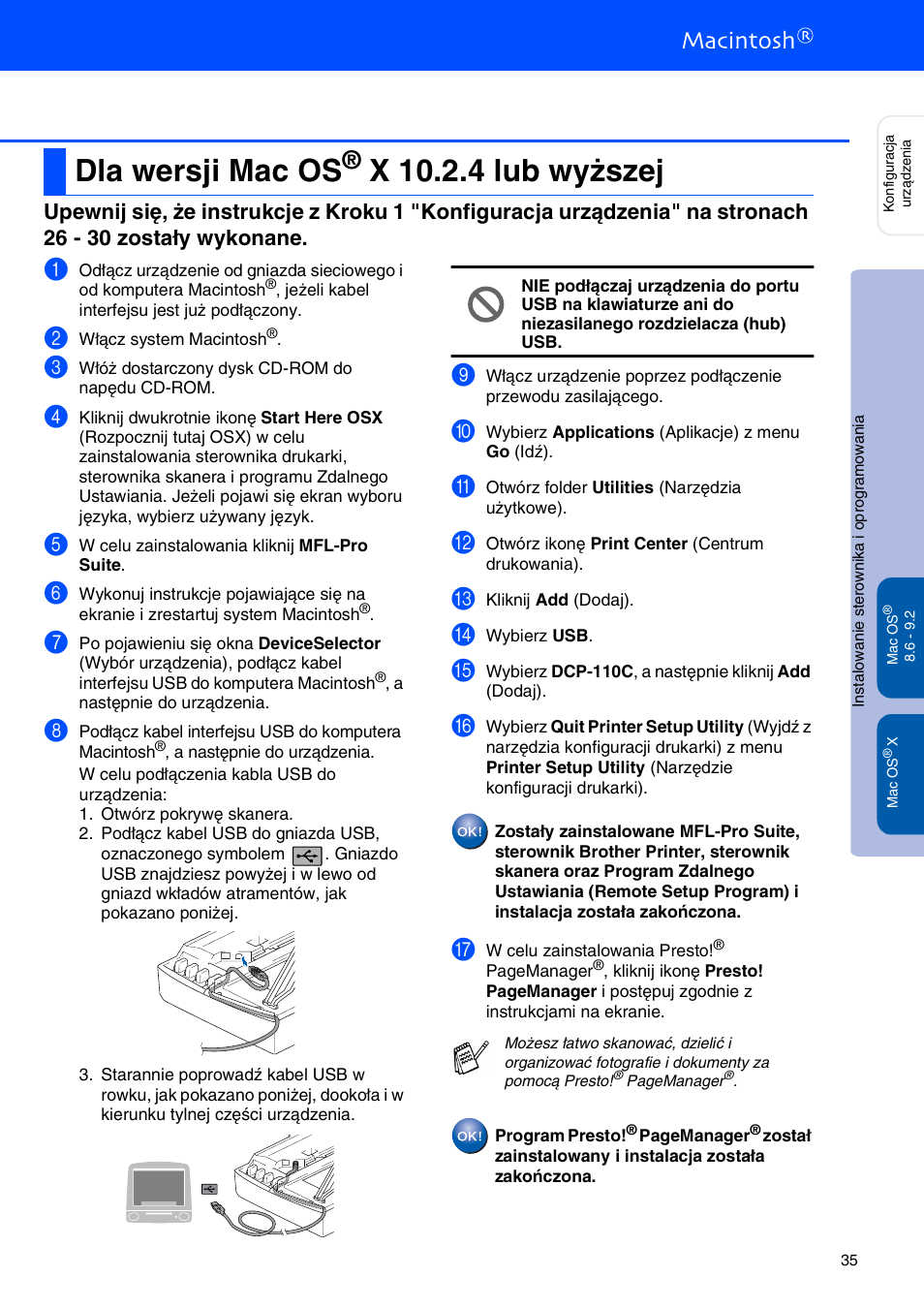 Dla wersji mac os® x 10.2.4 lub wyższej, Dla wersji mac os, X 10.2.4 lub wyższej | Brother CESTINA DCP-110C User Manual | Page 37 / 40