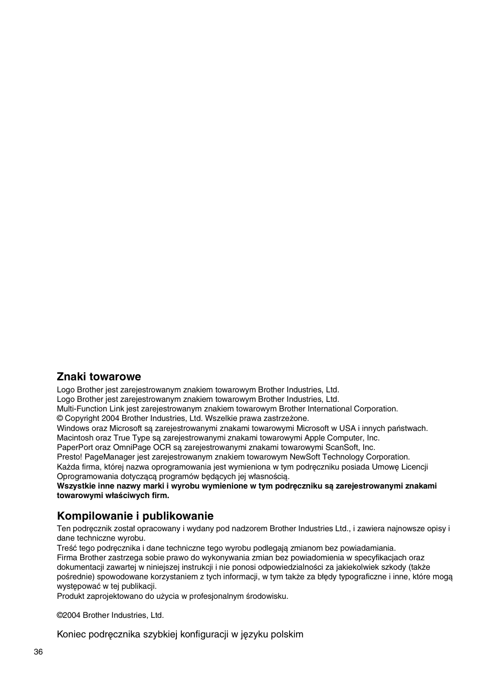 Znaki towarowe, Kompilowanie i publikowanie | Brother CESTINA DCP-110C User Manual | Page 38 / 40