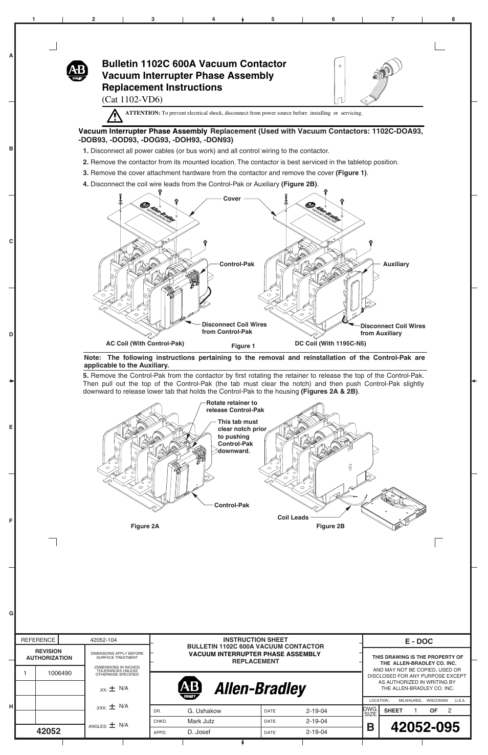 Rockwell Automation 1102C-VD6 600A Vacuum Contactor Vacuum Interrupter Phase Assembly Replacement User Manual | 2 pages