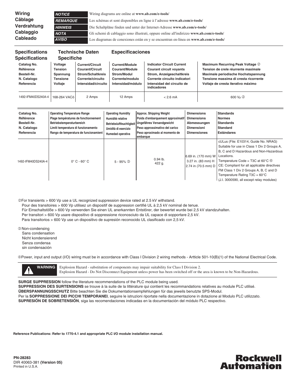 Specifications spécifications, Wiring câblage verdrahtung cablaggio cableado, Technische daten specifiche especificaciones | Rockwell Automation 1492-IFM40DS240A-4 16 Point Isolated Interface Modules with LEDs and Extra Terminals User Manual | Page 4 / 4
