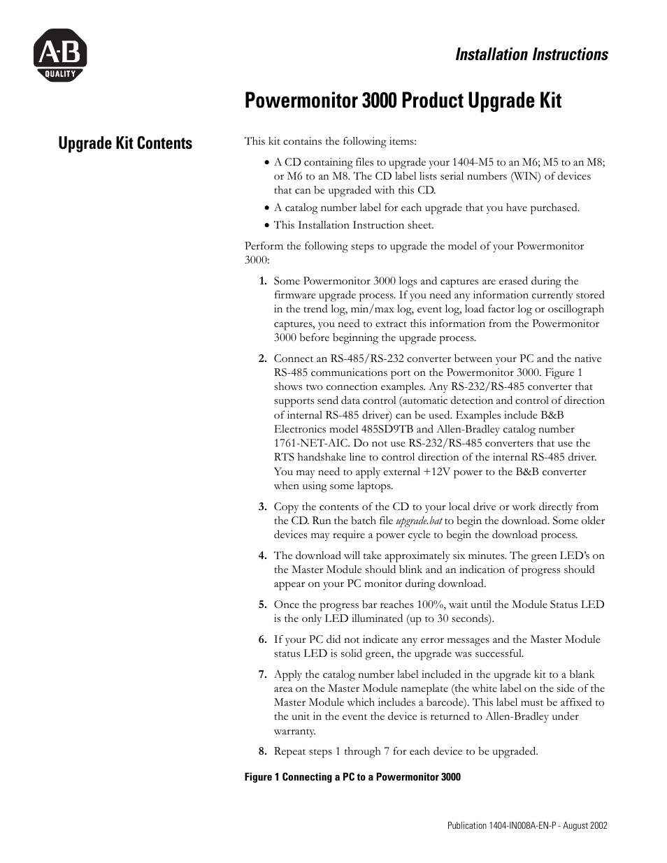 Rockwell Automation 1404 Powermonitor 3000 Product Upgrade Kit Installation Instructions User Manual | 4 pages