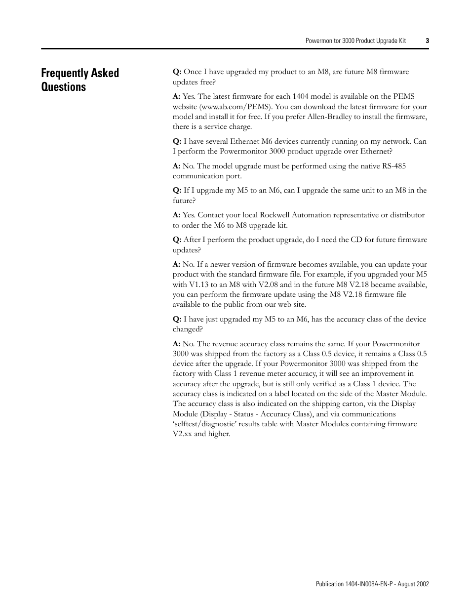 Frequently asked questions | Rockwell Automation 1404 Powermonitor 3000 Product Upgrade Kit Installation Instructions User Manual | Page 3 / 4