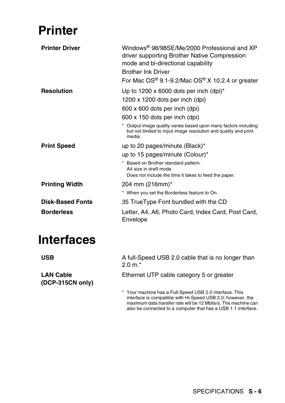 Printer, Interfaces, Printer interfaces | Brother DCP-115C User Manual | Page 103 / 109