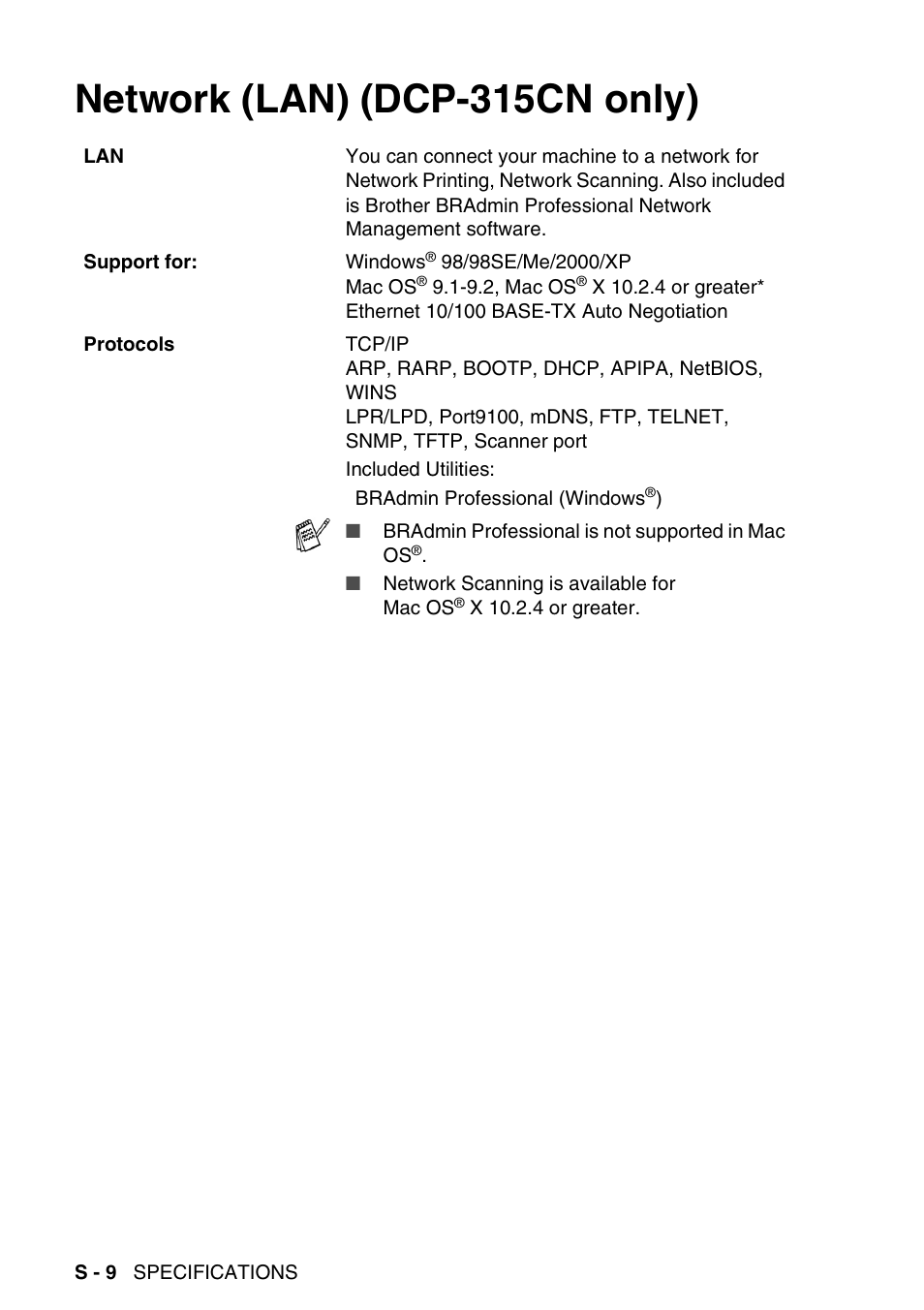 Network (lan) (dcp-315cn only) | Brother DCP-115C User Manual | Page 106 / 109
