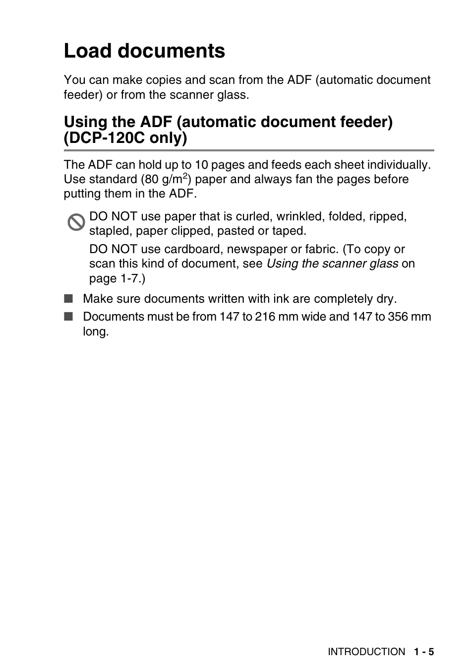 Load documents, Load documents -5, Using the adf (automatic document feeder) | Dcp-120c only) -5 | Brother DCP-115C User Manual | Page 17 / 109