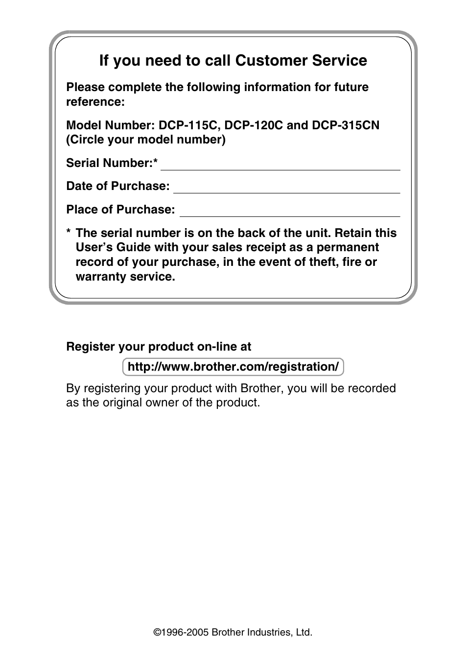 If you need to call customer service | Brother DCP-115C User Manual | Page 2 / 109