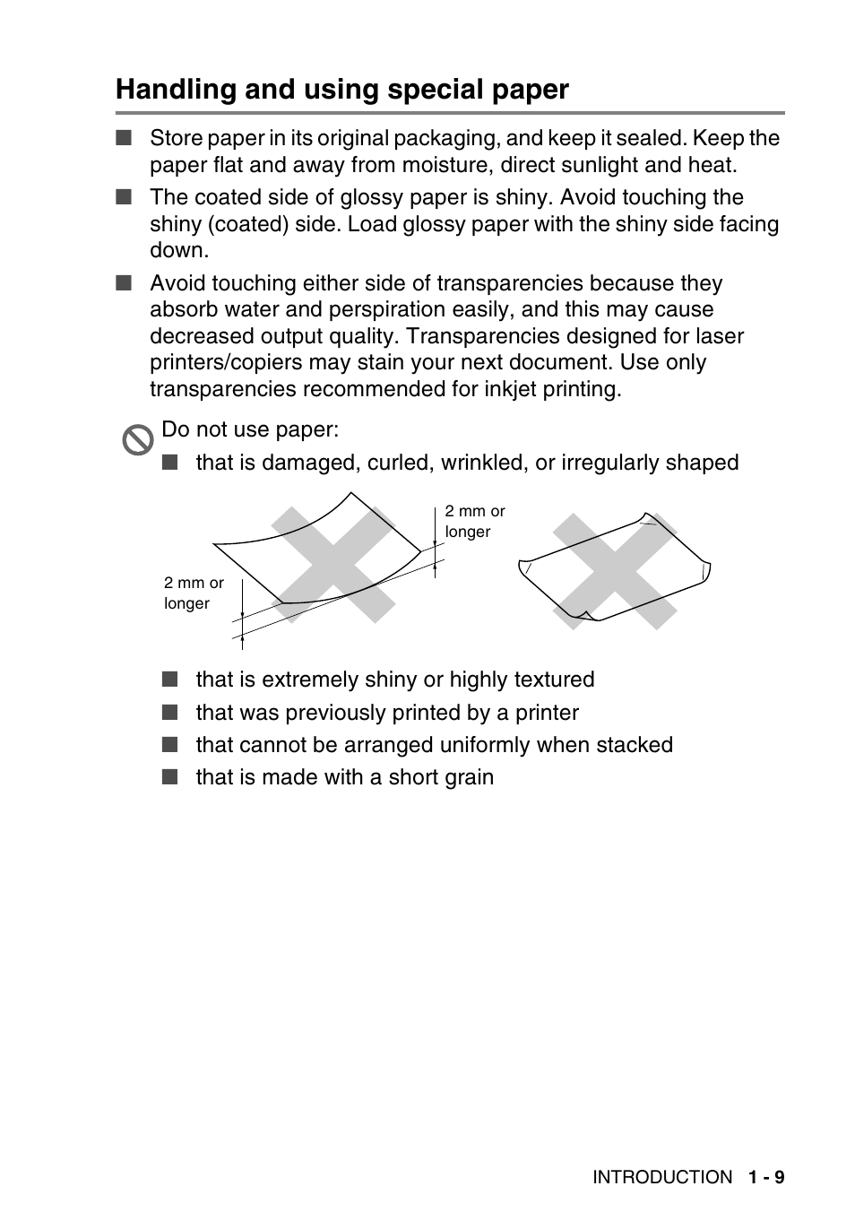Handling and using special paper, Handling and using special paper -9 | Brother DCP-115C User Manual | Page 21 / 109
