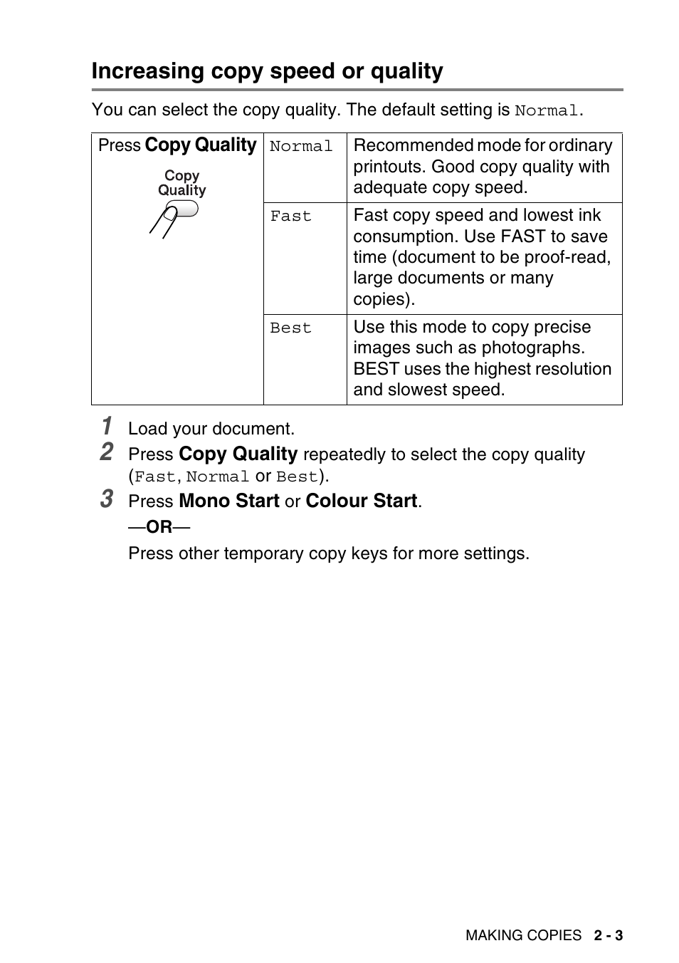Increasing copy speed or quality, Increasing copy speed or quality -3 | Brother DCP-115C User Manual | Page 31 / 109