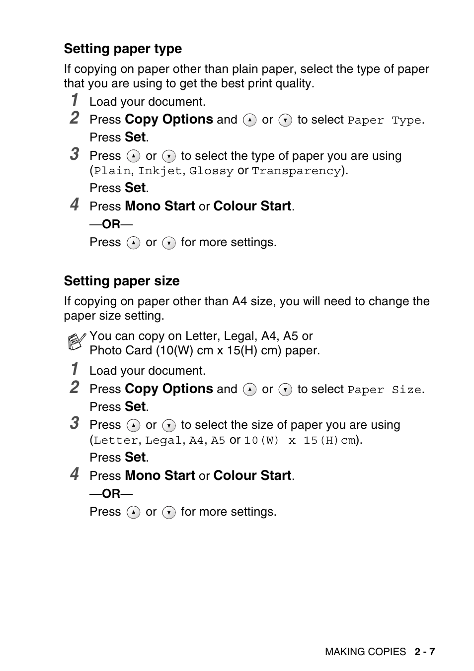 Setting paper type, Setting paper size, Setting paper type -7 setting paper size -7 | Brother DCP-115C User Manual | Page 35 / 109