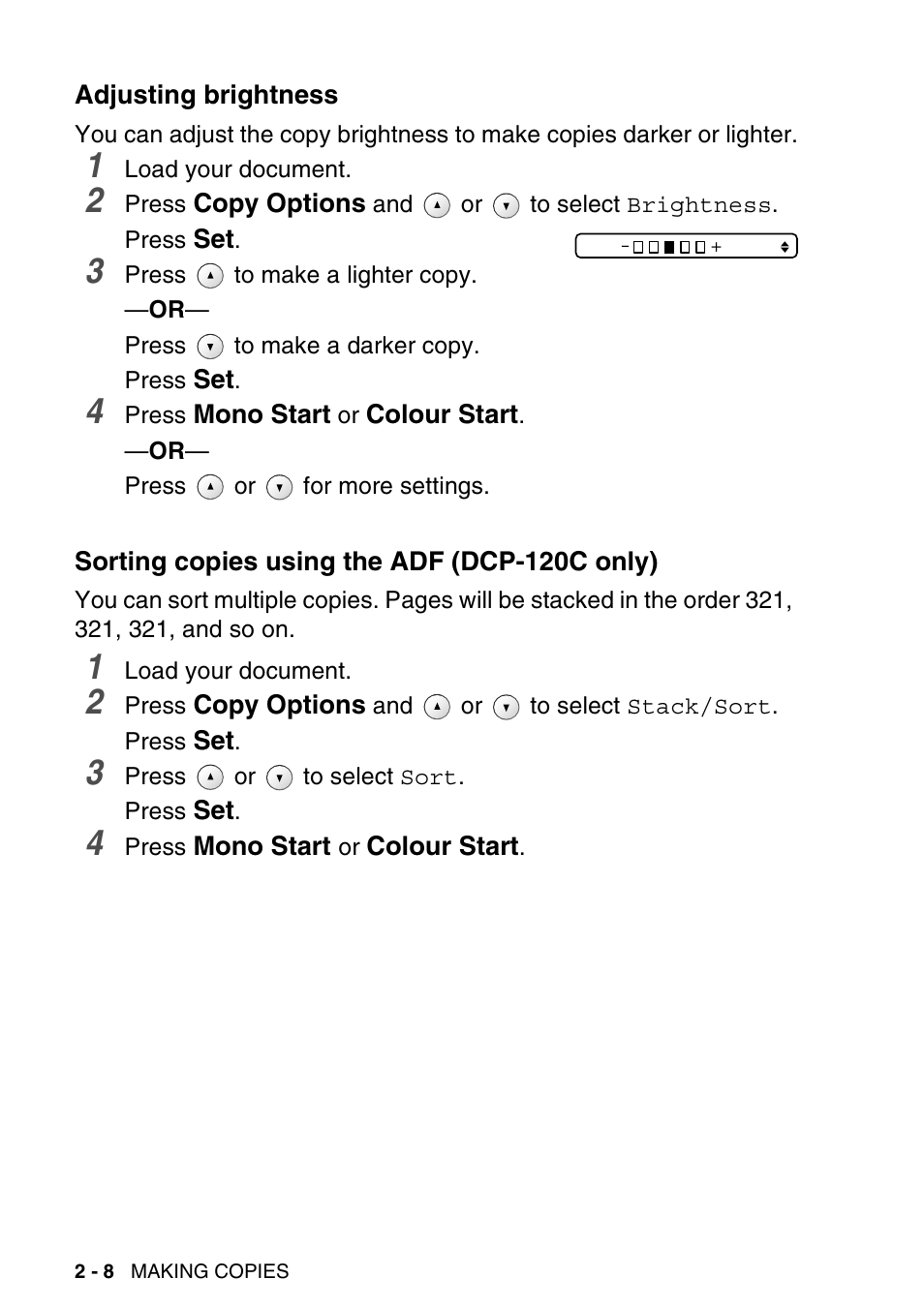 Adjusting brightness, Sorting copies using the adf (dcp-120c only) | Brother DCP-115C User Manual | Page 36 / 109