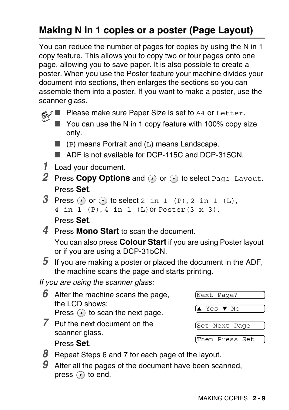 Making n in 1 copies or a poster (page layout) | Brother DCP-115C User Manual | Page 37 / 109
