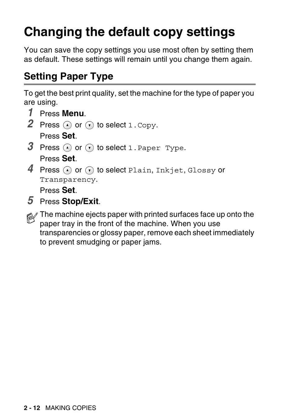 Changing the default copy settings, Setting paper type, Changing the default copy settings -12 | Setting paper type -12 | Brother DCP-115C User Manual | Page 40 / 109