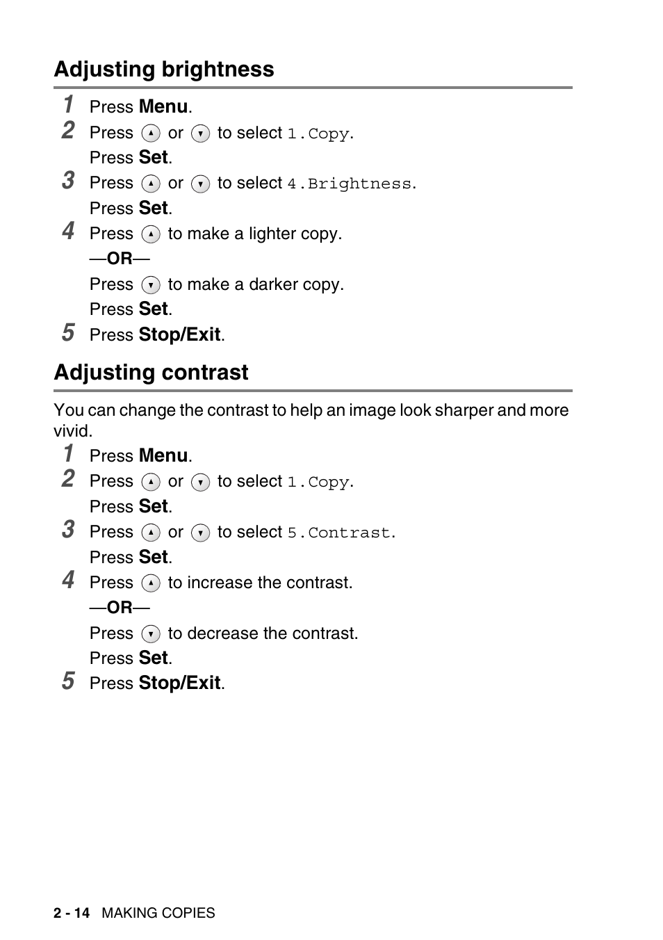 Adjusting brightness, Adjusting contrast, Adjusting brightness -14 adjusting contrast -14 | Brother DCP-115C User Manual | Page 42 / 109