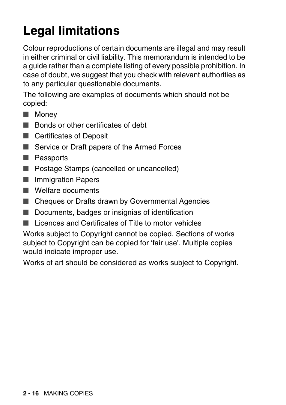 Legal limitations, Legal limitations -16 | Brother DCP-115C User Manual | Page 44 / 109
