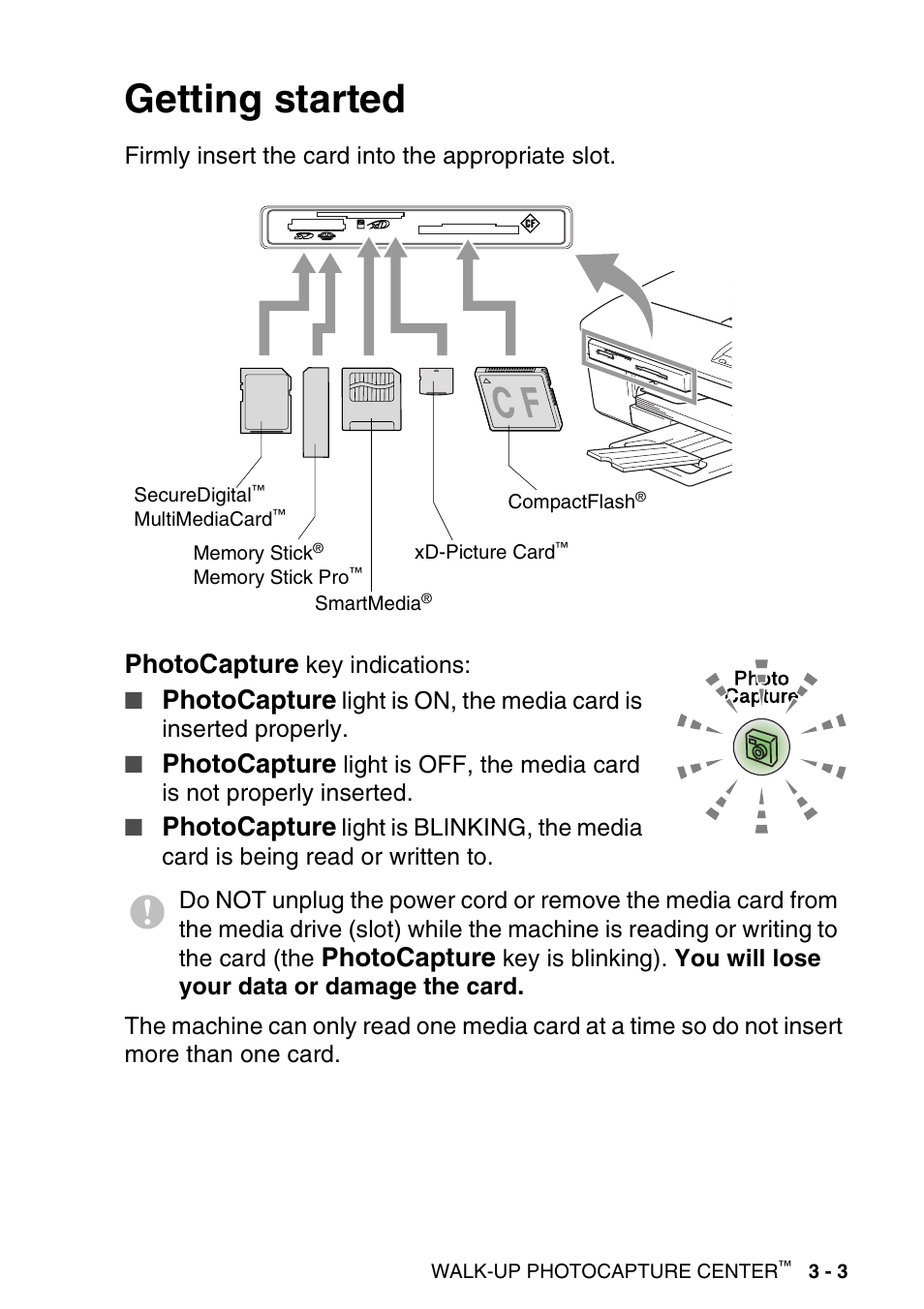 Getting started, Getting started -3, Photocapture | Brother DCP-115C User Manual | Page 47 / 109