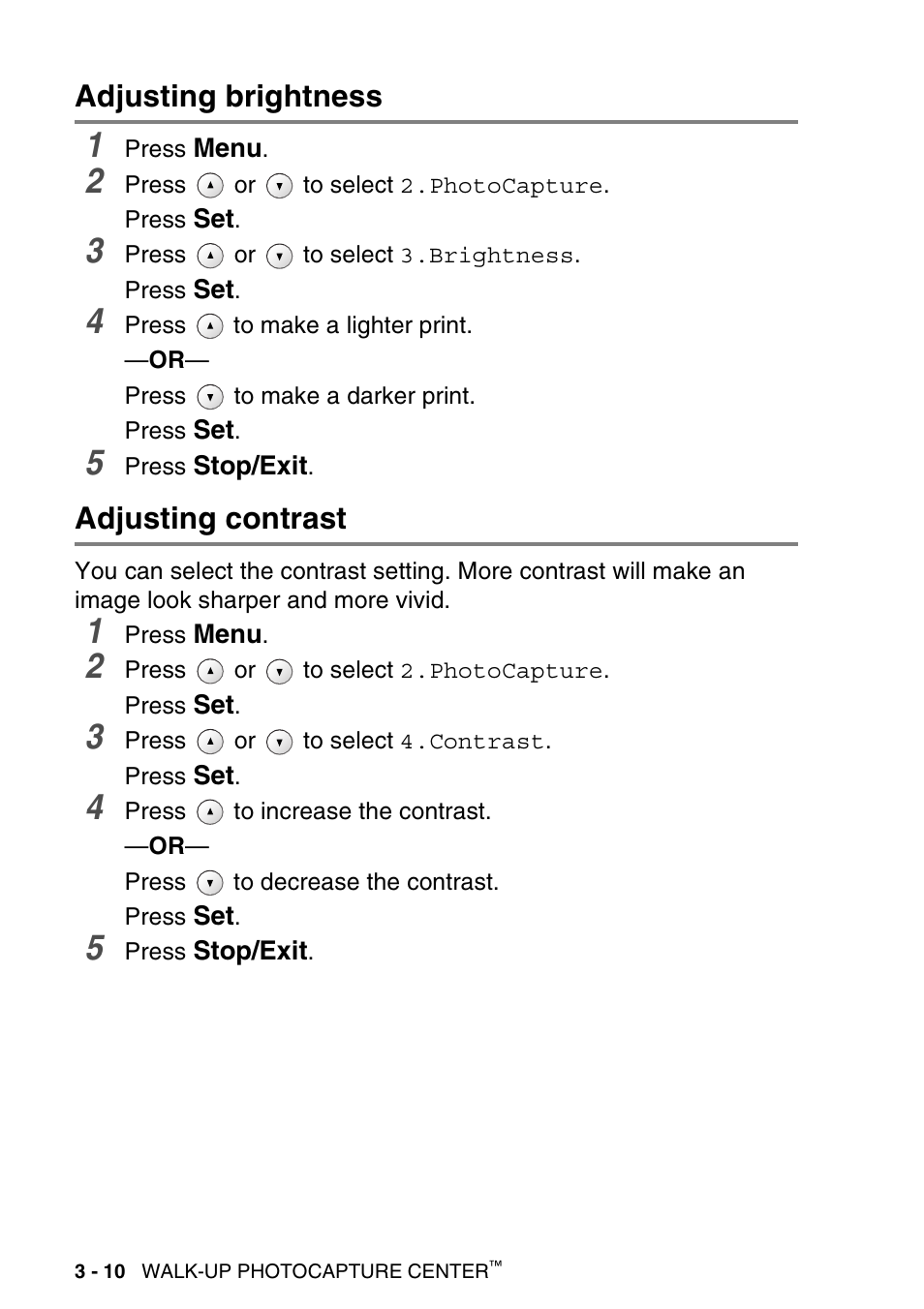 Adjusting brightness, Adjusting contrast, Adjusting brightness -10 adjusting contrast -10 | Brother DCP-115C User Manual | Page 54 / 109