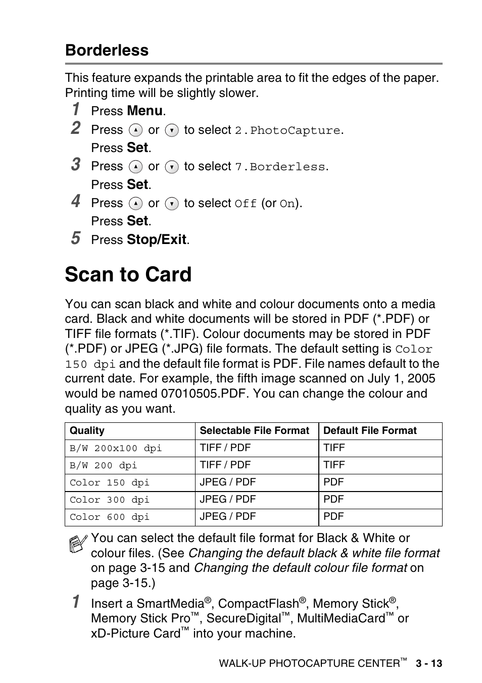 Borderless, Scan to card, Borderless -13 | Scan to card -13 | Brother DCP-115C User Manual | Page 57 / 109