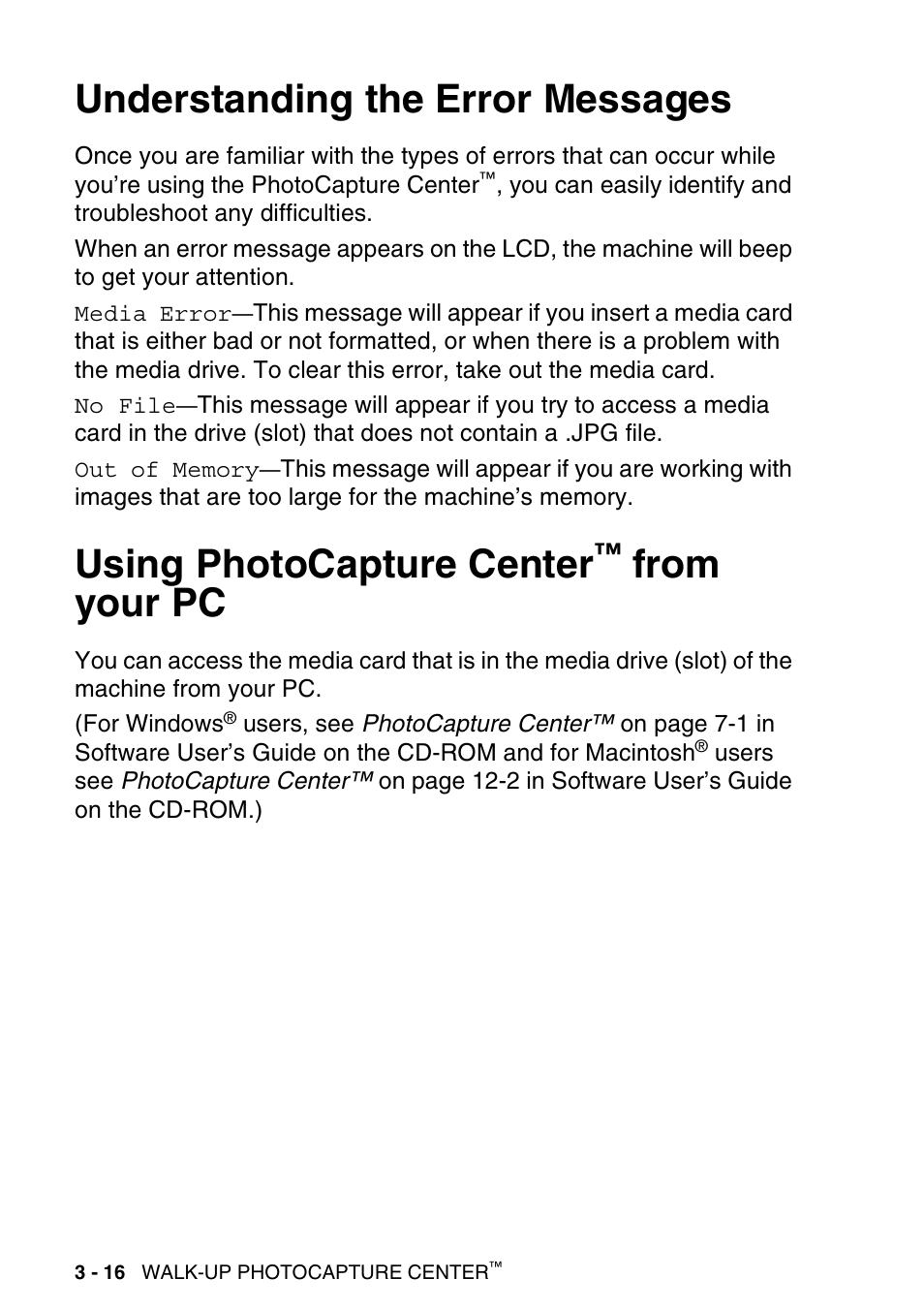 Understanding the error messages, Using photocapture center™ from your pc, From your pc -16 | Using photocapture center | Brother DCP-115C User Manual | Page 60 / 109