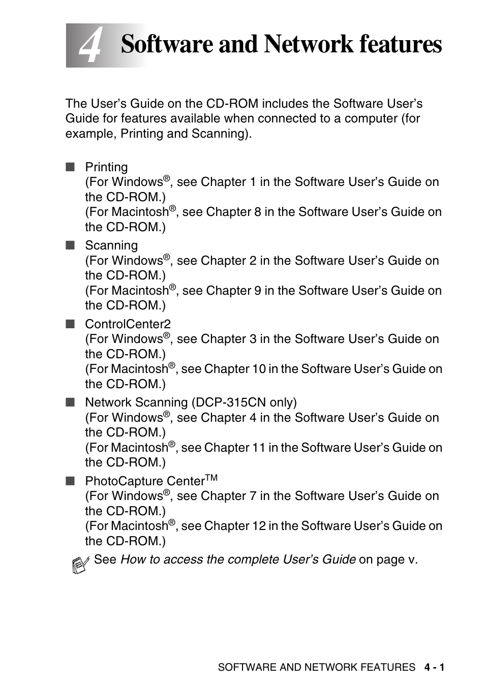 4 software and network features, Software features -1, Software and network features | Brother DCP-115C User Manual | Page 61 / 109