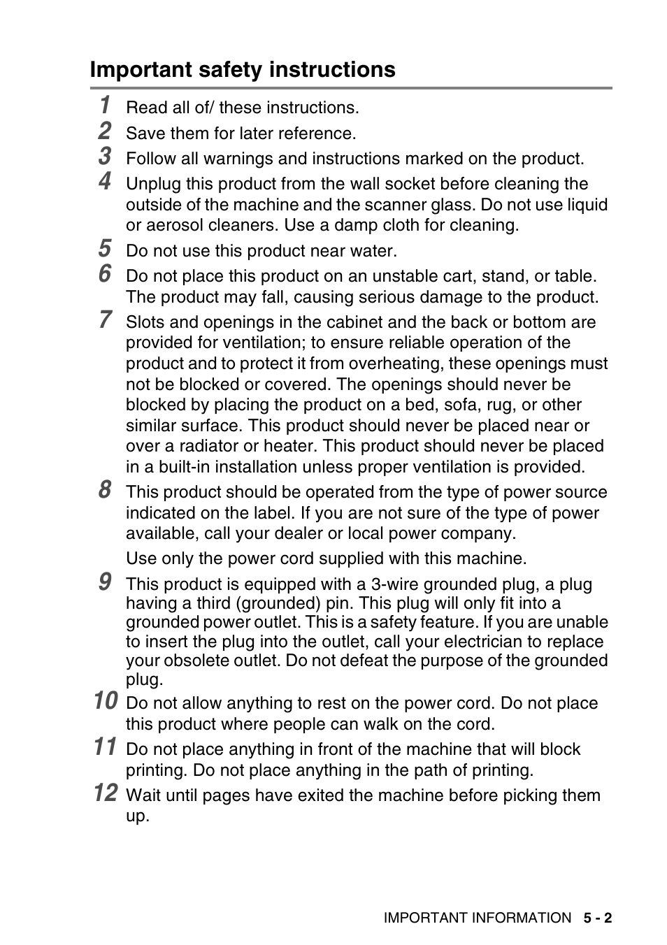 Important safety instructions, Important safety instructions -2 | Brother DCP-115C User Manual | Page 63 / 109