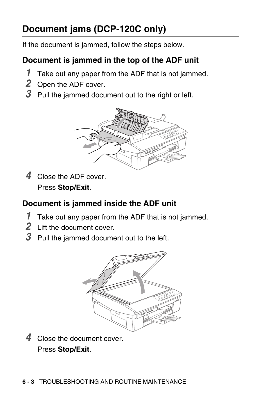 Document jams (dcp-120c only), Document is jammed in the top of the adf unit, Document is jammed inside the adf unit | Document jams (dcp-120c only) -3 | Brother DCP-115C User Manual | Page 68 / 109