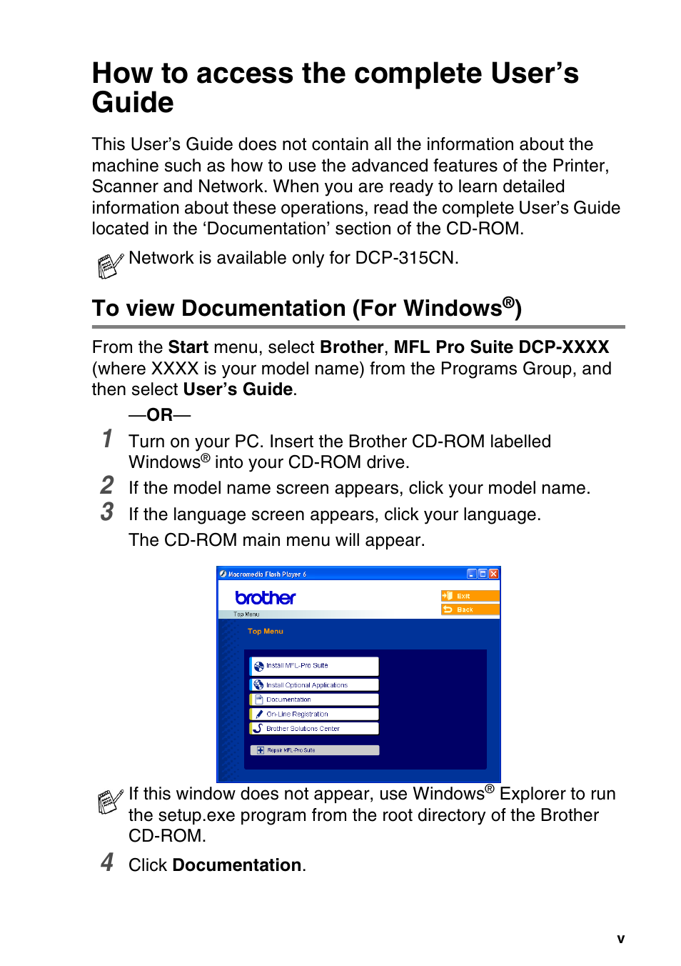 How to access the complete user’s guide, To view documentation (for windows®) | Brother DCP-115C User Manual | Page 7 / 109